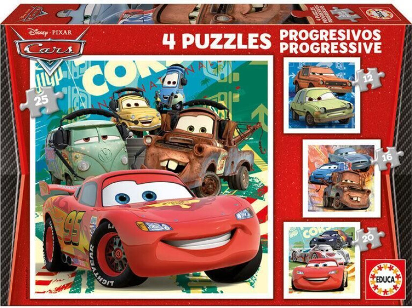 Sett med 4 puslespill Biler Let's race 16 x 16 cm