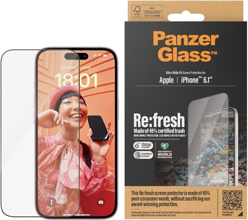 PanzerGlass iPhone 15 Skjermbeskytter Re:fresh Ultra-Wide Fit EasyAligner