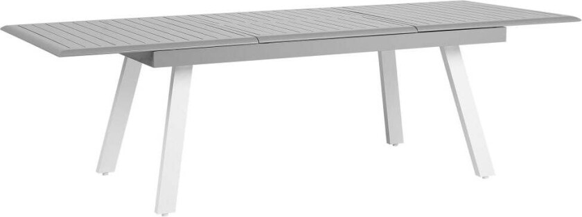 Grått og hvitt uttrekkbart hagespisebord i aluminium som tåler vær og vind