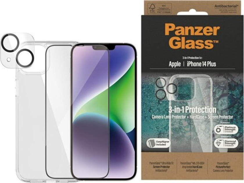 iPhone 14 Plus  3-i-1 Bundle med EasyAligner - Beskyttelsesglass (UWF) / Deksel / Kamerabeskyttelse - Gjennomsiktig