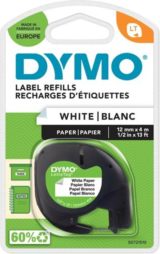 Dymo Tape LetraTag paper 12mmx4m white