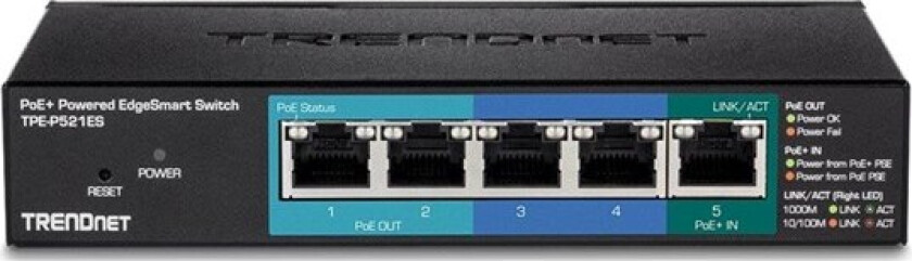 TPE P521ES - Switch - smart - 1 x 10/100/1000 (PoE+ input) + 2 x 10/100/1000 (PoE) + 2 x 10/100/1000 - stasjonær - PoE+ (18 W) - TAA-samsvar