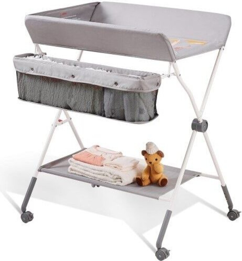 Babystellebord, sammenleggbar bleiestellestasjon med låsbare hjul, bærbart stellebord 3-nivå justerbare høyder, med oppbevaringskurv og hengende stat