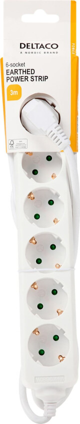 GT-0601 - Flerkoplingslist - AC 250 V - 3680 watt - inngang: CEE 7/7 - utgangskontakter: 6 (6 x strøm CEE 7/3) - 3 m kabel - hvit