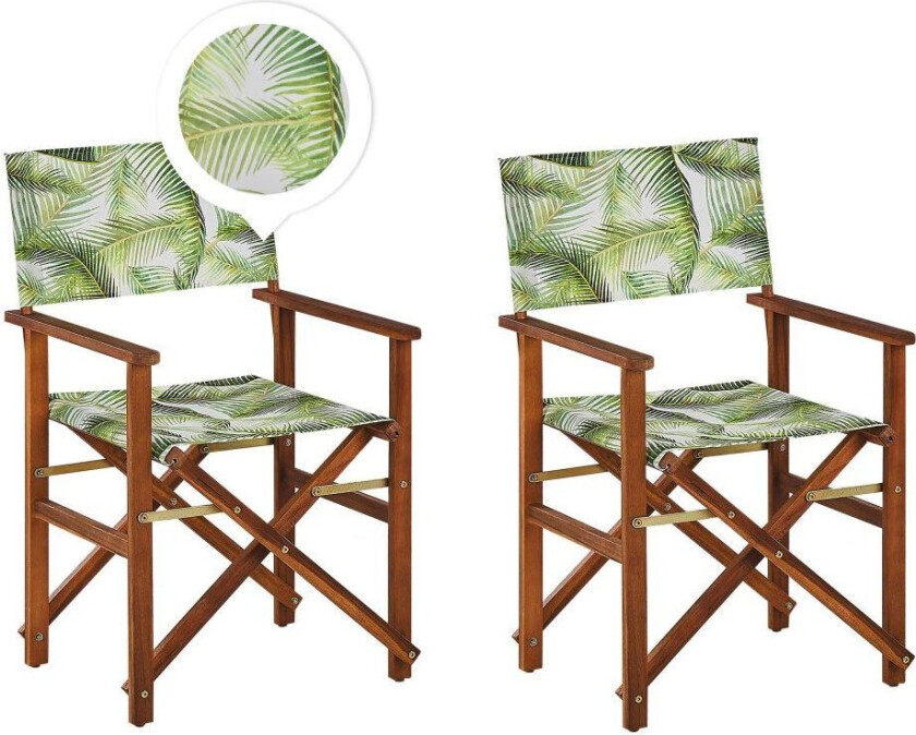 Sett med 2 Hagestoler Mørk Akasietre Palmeblader Stoff Sete Tilbakelent Sammenleggbar
