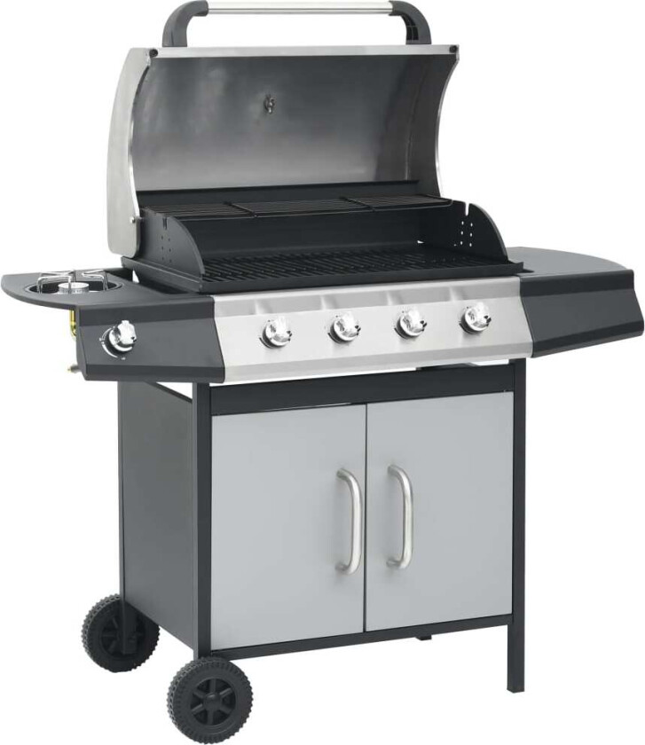 Gassgrill 4+1 kokesone svart og sølv