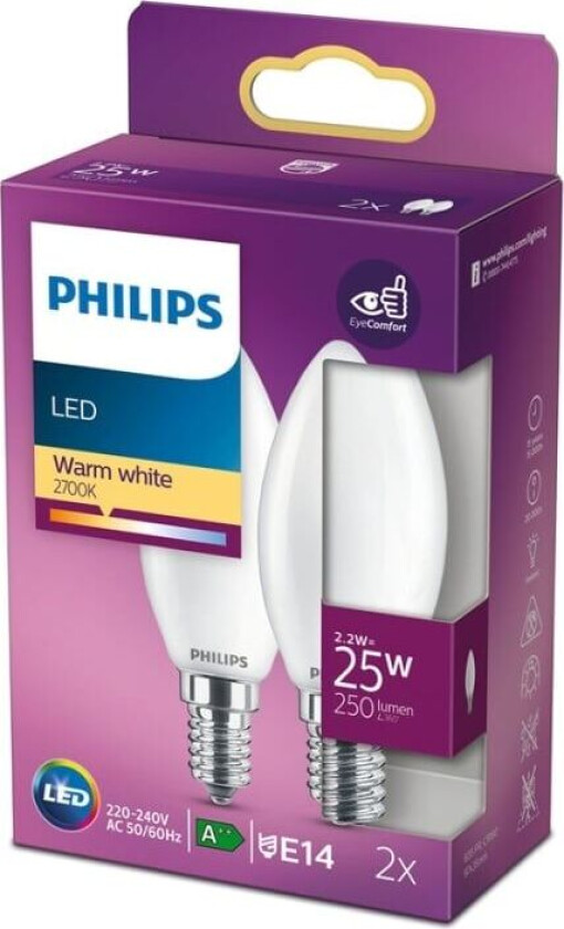 LED-lyspære Candle 2,2W/827 (25W) Frosted 2-pack E14