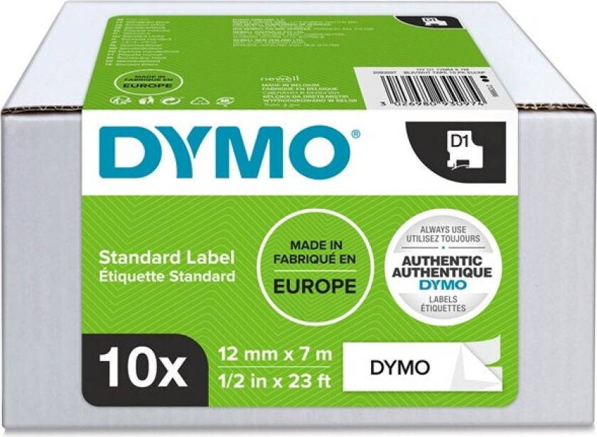 D1 tape, 12mm x 7m rull, sort på hvit, selvklebende tape til LabelManager printere, original, 10 ruller