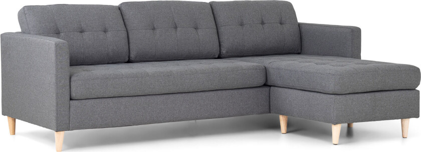 Marino sofa, sjeselong høyre eller venstrevent i stoff lys grå, med treben.