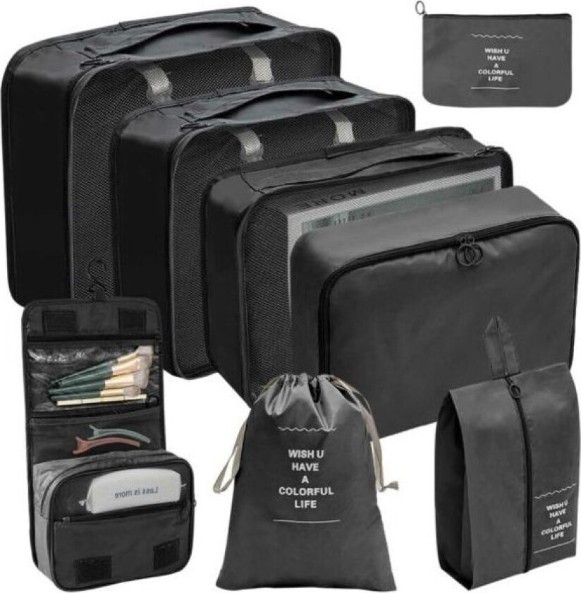 Veskeinnsats og reisetilbehør 8-pakningsorganisasjon sett for reisesvart