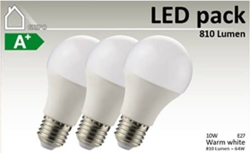 LED pære A60 E27 10W CRI80 3stk 3000K 810Lm >270gr. 60x120 2835SMD 18stk - 1698630