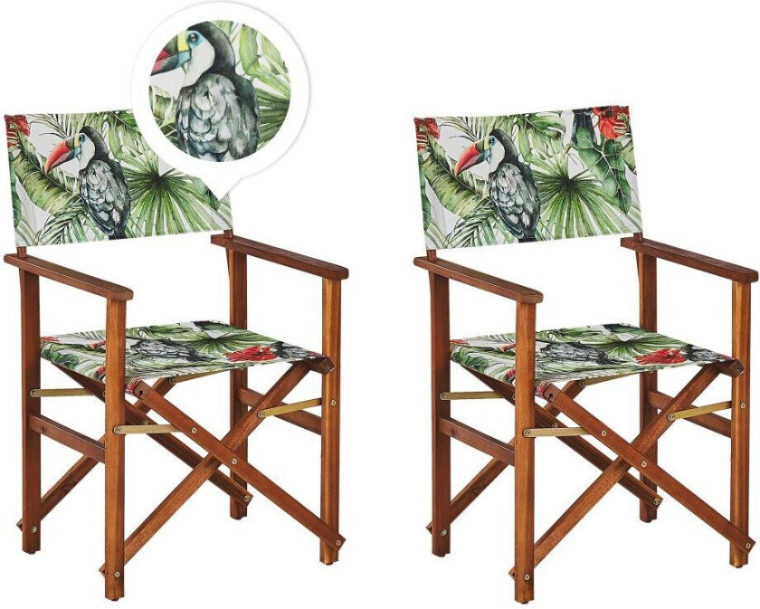 Sett med 2 Hagestoler Mørk Akasietre Tukanmønster Stoff Sete Tilbakelent Sammenleggbar