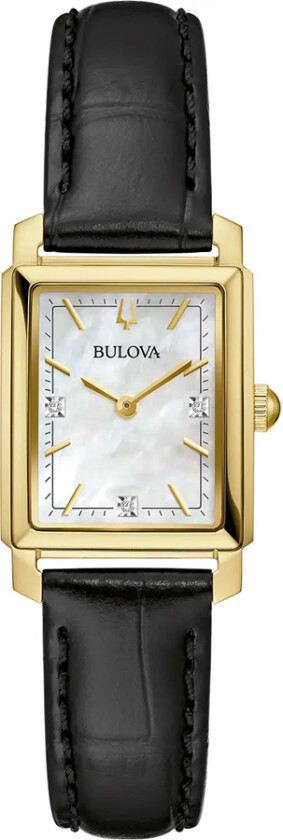Elegant rektangulært dameklokke fra Bulova med perlemorskive og diamanter i gulltonet stål - Sutton Collection | 97P166 - Kvarts - Gull -...