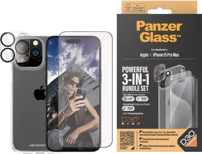 iPhone 15 Pro Max 3-i-1 Bundle m. EasyAligner - Skjermbeskyttelse (UWF) / Deksel / Kamerabeskyttelse - Gjennomsiktig / Svart