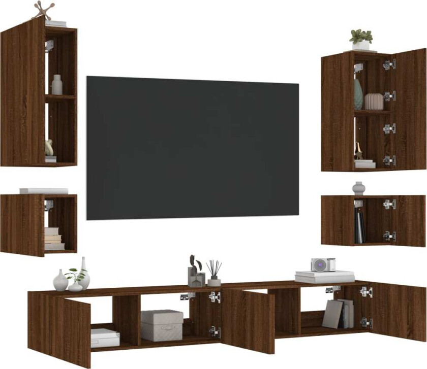 Vegghengte TV-benker med LED 6 stk brun eik