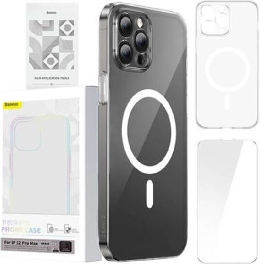 Phone case Magnetic Crystal Clear for iPhone 12 Pro Max (transparent) with all-tempered-glass screen protector and cleaning kit