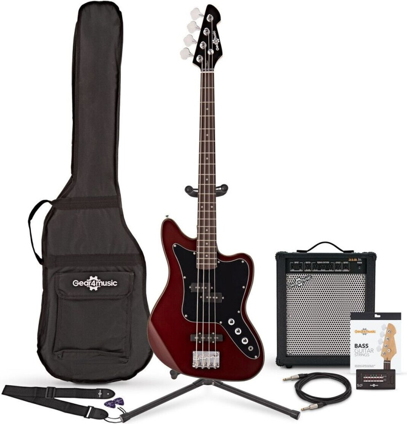 Gear4Music Seattle Bassgitar + 35W Forsterkerpakke Red Wine