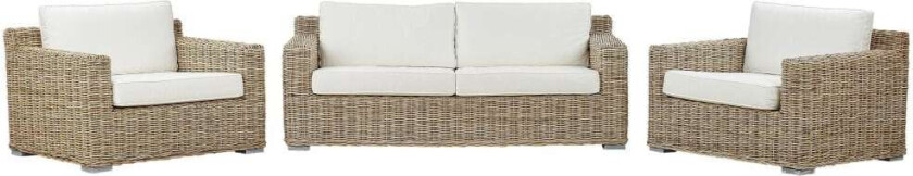 Loungesett Lysebrun Rotting Flettet Hvite puter 4 personer 2-seter sofa 2 lenestoler Hage Utendørs Boho