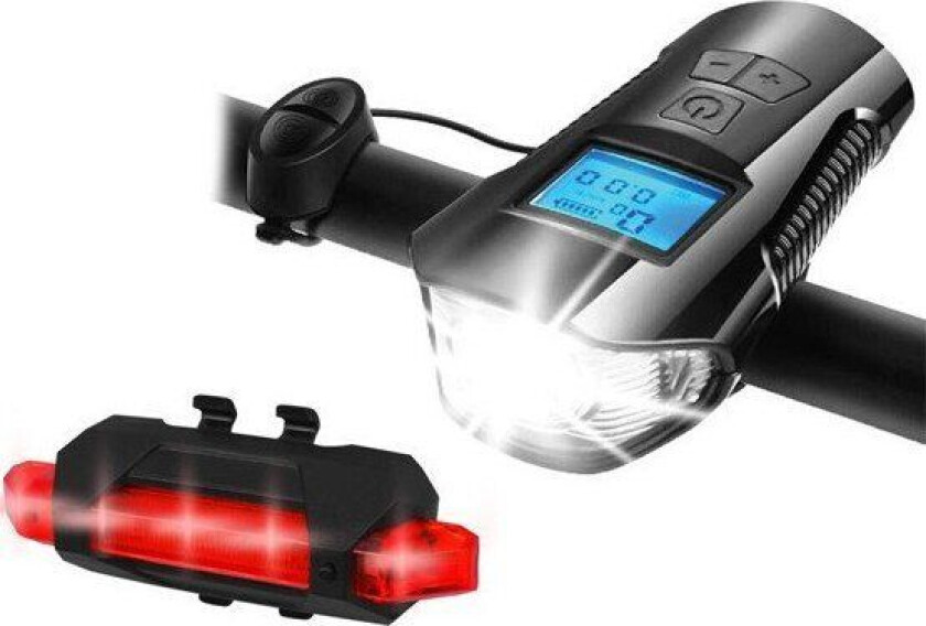 PS sykkel med teller, 1 x LED SMD 10 W, 1000 lm + 5 x LED SMD 50 lm, batteri 1200/300 mAh, horn, Micro USB.