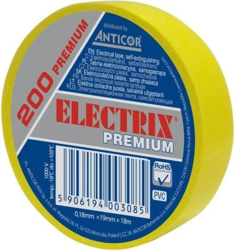 Electrical insulating tape ELECTRIX 200 PREMIUM 19mm 18m yellow