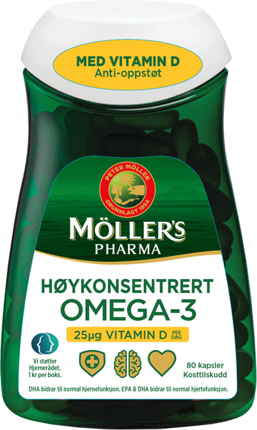 Høykonsentrert Anti-oppstøt Omega-3 + Vitamin D, 80 kapsler