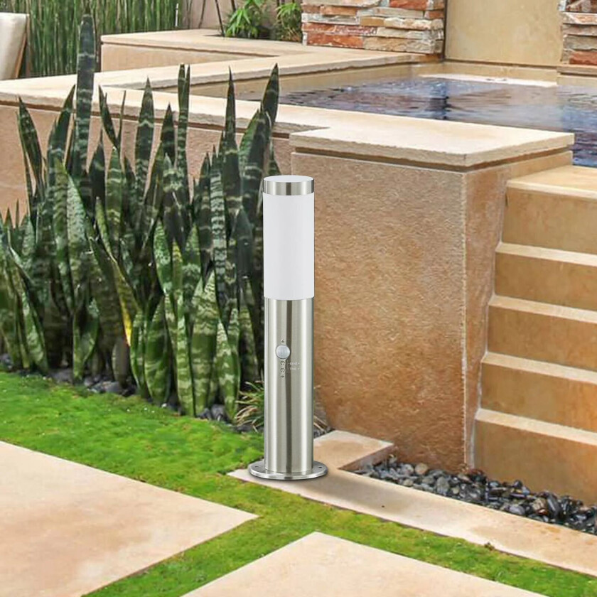 Statius sokkellampe rustfr.stål opal sensor