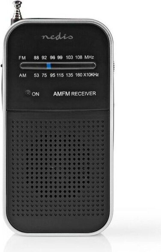 Nedis FM-radio   Bærbar design   AM / FM   Batteri drevet   Analog   1.5 W   Svart hvit skerm   Hodetelefonutgang   Aluminium / Sort