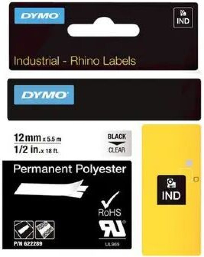 Dymo Tape Rhinopro Permanent Polyester 12mm Svart/gjennomsiktig