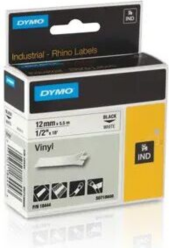 Dymo Tape Rhinopro Vinyl 12mm Svart/hvit