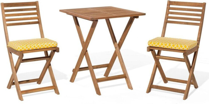 3 Deler Balkongsett Mørk Tre Gule Puter Bord og 2 Stoler Skandinavisk Design