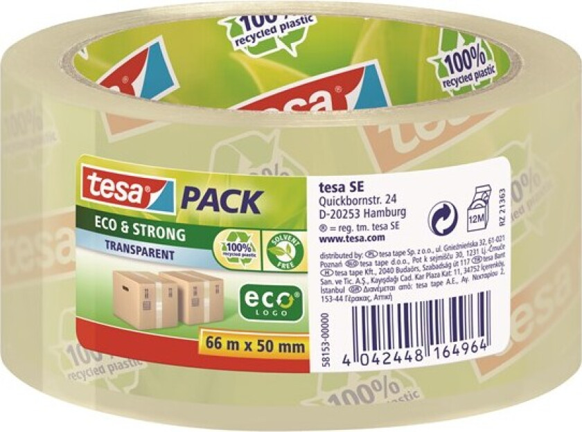 pack eco & Strong Packaging Tape ecoLogo 66m x 50mm Transparent