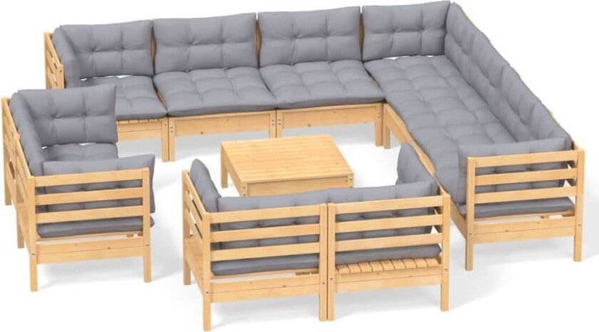 Hagesofagruppe med grå puter 12 deler heltre furu