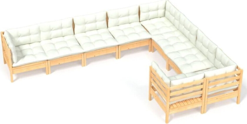 Hagesofagruppe med kremhvite puter 9 deler furu