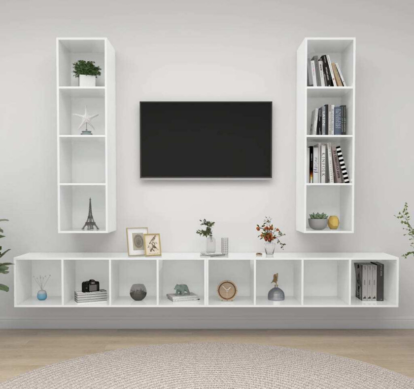 Vegghengte TV-benker 4 stk høyglans hvit sponplate