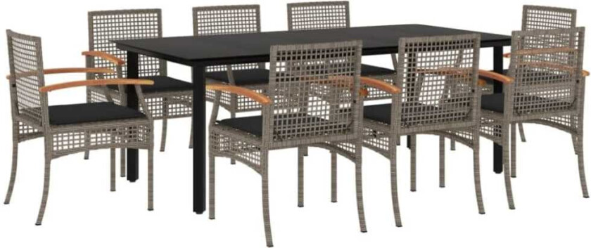 Hagespisegruppe med puter 9 deler grå polyrotting