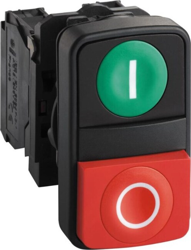 Harmony double pushbutton complete with white i on green pushbutton and white o on red raised pushbutton 1xno + 1xnc xb5al73415