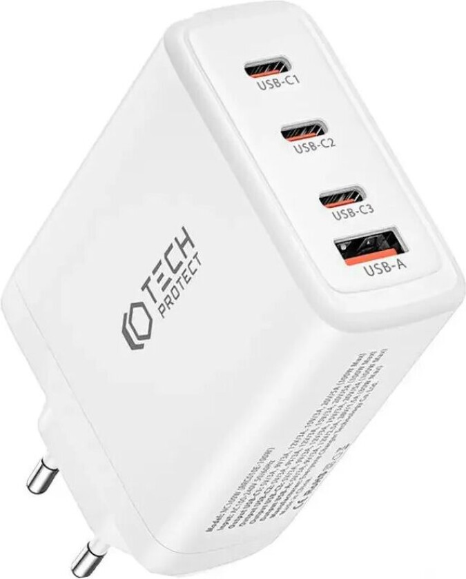 Tech-Protect Network PD GaN 100W Vegglader med 3 x USB-C og 1 x USB-A - Hvit