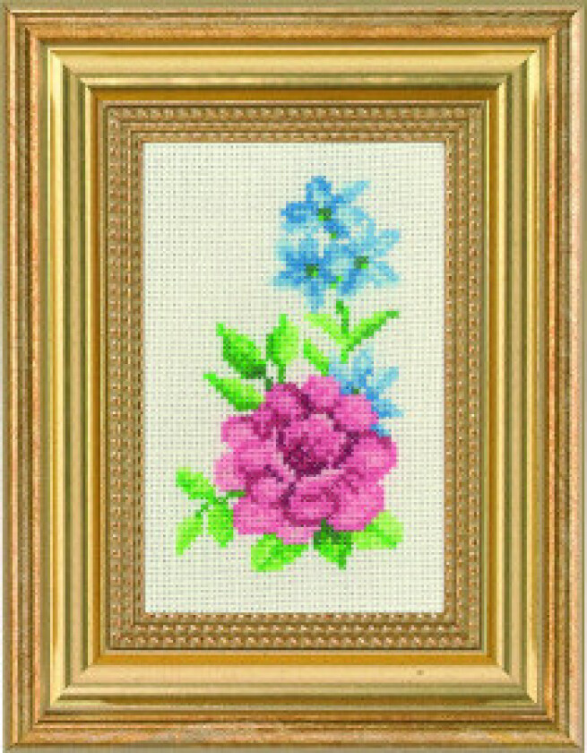 Broderikit Rose og blå blomster 9x14cm