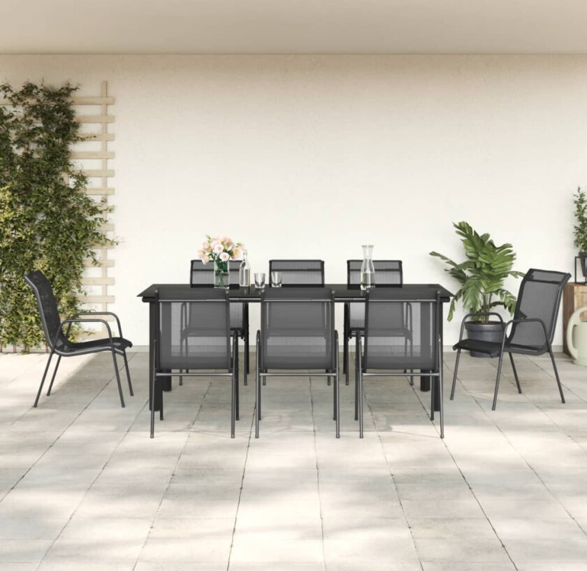 Hagespisegruppe 9 deler svart stål og textilene