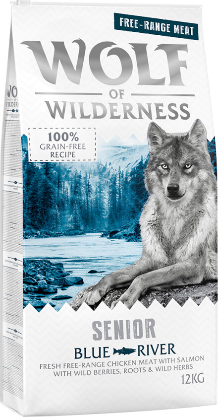 100 kr rabatt! 12 kg Wolf of Wilderness - SENIOR Blue River - Frittgående kylling & Lachs