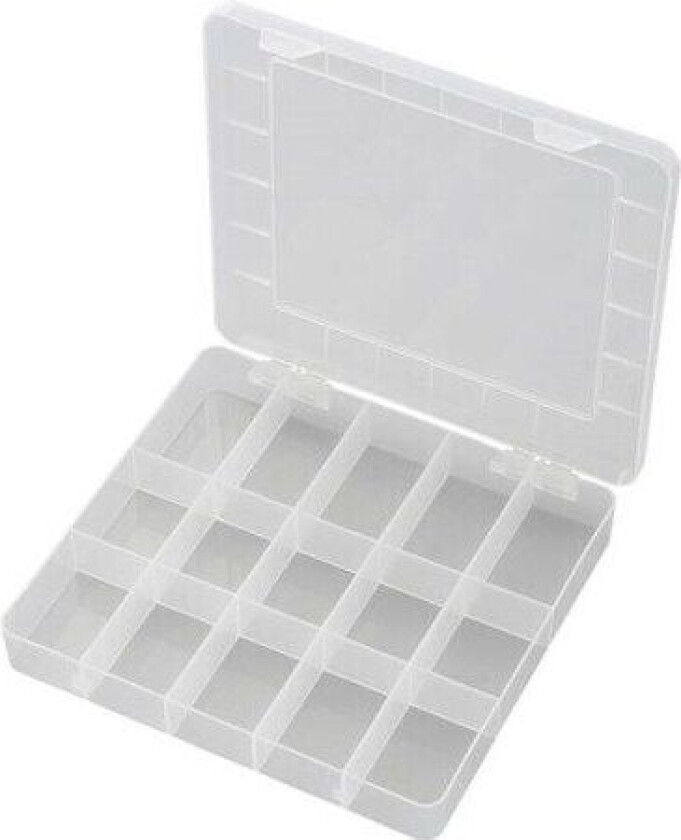 TRU COMPONENTS PP15-01 Sortimentskasse (L x B x H) 200 x 175 x 26 mm Antal fag: 15 Fast underopdeling Indhold 1 stk