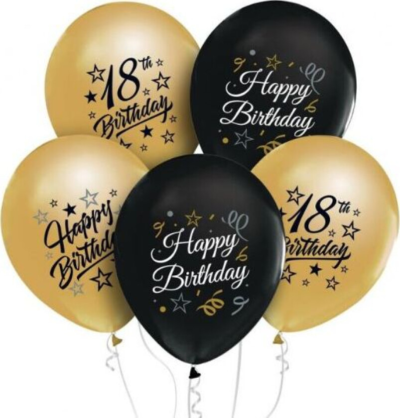 Beauty&Charm Ballonger 12" Med Trykk "18" Gull Og Svart 5 Stk.