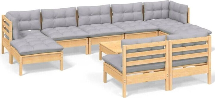 Hagesofagruppe med grå puter 10 deler furu