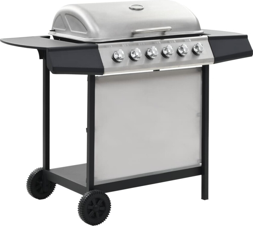 Gassgrill med 6 kokesoner rustfritt stål sølv