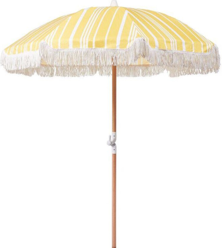 Parasoll Hvit Gul Polyester Bøk ø 150 cm Rund form Frynser Retro UV-bestandig Vippemekanisme Hage Uteplass