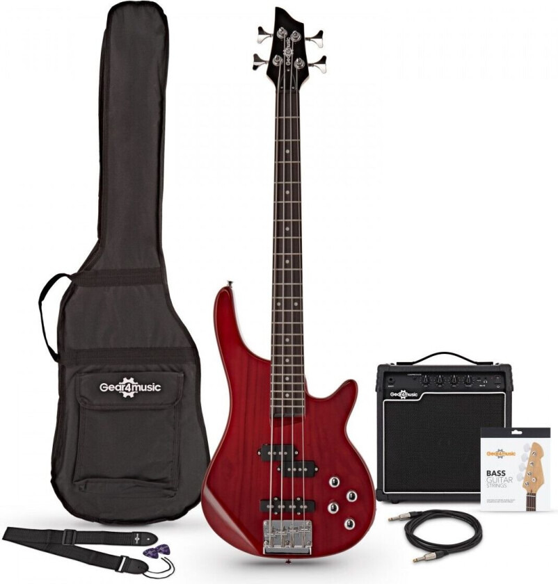 Gear4Music 3/4 Chicago Bassgitar + 15W Forsterkerpakke Trans Red