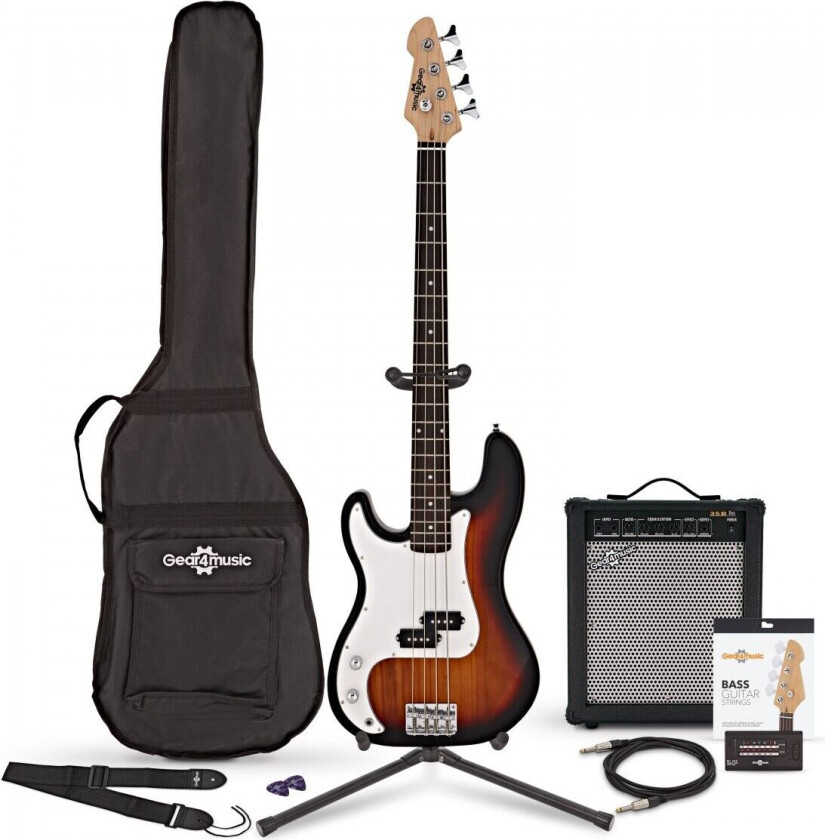 Gear4Music LA Venstrehendt Bassgitar + 35W Forsterkerpakke Sunburst