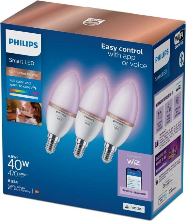 Mignion, 40 W C37 E14 x3, Smartpære, Wi-Fi/Bluetooth, Hvit, LED, E14, Variabel