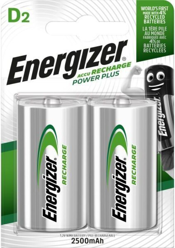 Recharge Power Plus Batteri oppladbart, D, 1,2 V, 2-pakning D