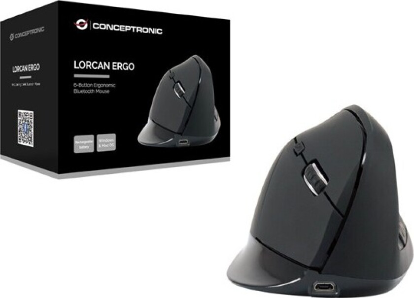 Conceptronic LORCAN03B ERGO - vertical mouse - Bluetooth 5.2 - black - Vertical mouse - Optisk - 6 - Svart